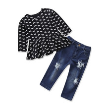 DFXD-Conjunto de ropa para niña y niño, Top de manga larga con cuello redondo y pantalones vaqueros rasgados, trajes de 1 a 6 años, 2 piezas 2024 - compra barato