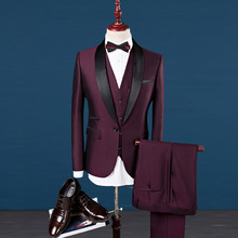 Burgundy Suit Men Shawl Lapel Groom Tuxedos Mens Suits Slim Fit Wedding Best Man Blazer with Pants and Vest Tie 3 pieces Wine 2024 - buy cheap