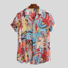 Mens Pure Cotton Colorful Unique Hawaii Style Summer Ethnic Pattern Print Turn Down Collar Short Sleeve Shirt Men's Clothing 2024 - buy cheap