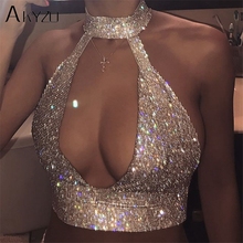 AKYZO-Top corto de cuello Halter con diamantes de imitación para mujer, camisola Sexy de color plateado, camiseta sin mangas recortada, ropa de fiesta para club nocturno 2024 - compra barato