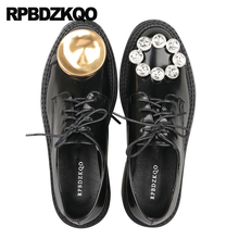 Embellished Women Rhinestone Crystal Japanese Patent Leather Flats Metal Diamond Oxfords Lace Up Ladies Beautiful Shoes Black 2024 - buy cheap