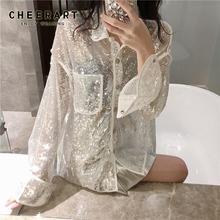 Cheerart Bling Sequin Blouse Long Sleeve Shirt Women Loose Glitter Blouse White Black See Through Top Clubwear Clothes 2024 - buy cheap