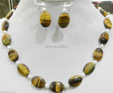 NATURAL TIGER'S EYE OVAL GEMS & TRUE WHITE CULTURED PEARL NECKLACE EARRINGS SET 2024 - buy cheap