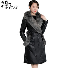 UHYTGF Winter Leather jacket women's fashion fox fur collar Sheep skin warm outerwear Down jacket Leather cotton coat M-5XL 1101 2024 - buy cheap