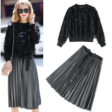 2 Pieces Clothing Set Women's Sequins Sparkle Tassels Blouses Tops + Shiny Pleated Lace Up Bows Graceful Party Skirt suit NS614 2024 - buy cheap