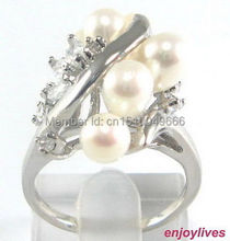 Frete grátis>>> anel de flor cristal em 6 contas de pérola branca real tamanho: 7.8,9 2024 - compre barato
