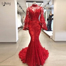 Luxury Dubai Red Lace Pearls Mermaid Prom Dresses 2019 With Puff Full Sleeves High Colar Long Prom Gowns Robe De Soiree Longue 2024 - buy cheap