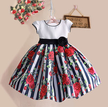 1-6Y Floral Print Baby Girls Dress Black Striped Rose Cotton Kids Dresses for Party Birthday kinderkleding meisjes 2024 - buy cheap