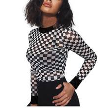 T Shirt Women Long Sleeve 2020 Gothic Top Transparent O Neck Plaid Print Women Clothing Sexy Vintage Ladies Tops Shirt Female 2024 - buy cheap