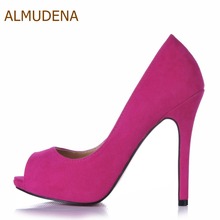 ALMUDENA Fuchsia Suede Open Toe High Heel Pums Elegant Thin Heels Dress Shoes Shallow Cut Banquet Party Shoes Plus Size Dropship 2024 - buy cheap