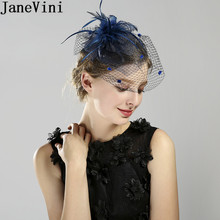 JaneVini Fascinator Wedding Hat With Face Veil Hairpin Vintage Black Bridal Hats for Women Feathers Party Hair Accessories Navy 2024 - buy cheap