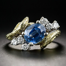 Anillo de dos tonos de oro con circonita azul en forma de rama, joyería para mujer, anillo de compromiso con taladro clásico, anillo de boda para mujer 2024 - compra barato