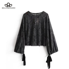 Bella Philosophy 2018 spring hollow out women sexy shirt lace long sleeve blouse o-neck chiffon Blusas 2024 - buy cheap