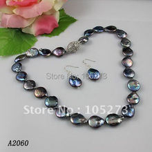 Wholesale Elegant jewelry Black color coin pearl necklace earring jewelry set rhinestone magnet clasp free shipping A2060 2024 - buy cheap