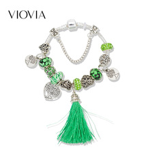 VIOVIA New Dropshipping Green Tassel Tree of Life Charm Bracelet Silver Color Heart Flower Bead Bangles Fashion Jewelry B19036 2024 - buy cheap