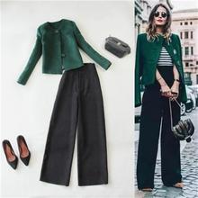 Traje de moda para mujer, abrigo corto verde oscuro de alta calidad + Pantalones de pierna ancha de cintura alta, traje de dos piezas para mujer, Primavera/invierno 2024 - compra barato