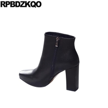 Zapatos de tacón alto hechos a mano para mujer, botas negras gruesas cortas de lujo, botines de piel auténtica, punta cuadrada de piel de oveja, 2021 2024 - compra barato