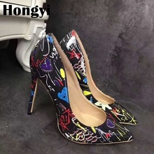 Hot Sale Black Blue White Printed Women High Heels Pointed Toe Pumps Shoes Lady Dress Wedding Shoes Zapatos de mujer Cheap Shoe 2024 - buy cheap