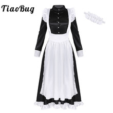 TiaoBug Women Adult Maid Cosplay Costume Halloween Long Sleeves Front Button Down Long Maxi Fancy Dress with Apron Headpiece Set 2024 - buy cheap