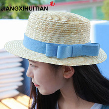 wholesale sun flat straw hat boater hat girls bow summer Hats For Women Beach flat panama straw hat chapeau femme 48-52-54-58cm 2024 - buy cheap