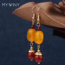 MYWINY-pendientes de cobre de 2 colores, joyería de moda, con cuentas amarillas, piedras naturales cilíndricas, pendientes vintage 2024 - compra barato