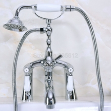 Polished Chrome Brass Dual Handle Clawfoot Bath Tub Faucet Deck Mounted Bathroom Bathtub Mixer Taps with Handheld shower Wna104 2024 - buy cheap