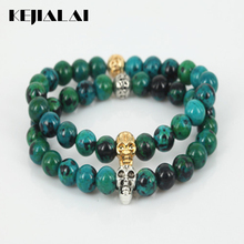 Fashion Gold/Silver Color Skull Head Men Charm Stretch Bracelet Natural 8mm Phoenix Green Round Gem Stone Beads Women Bracelet 2024 - buy cheap