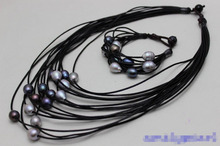Free shipping hot sale Women Bridal Wedding Jewelry >> black & gray freshwater pearl black leather set 19-23" 2024 - buy cheap