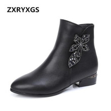 2021 New Spring Black Cowhide Leather Boots Large Size Fashion Rhinestone Women Boots Non-slip Comfort Plus Velvet Ankle Boots 2024 - buy cheap