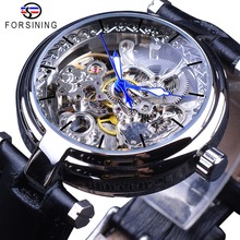 Forsining-Reloj de pulsera de cuero para hombre, accesorio masculino de pulsera resistente al agua con movimiento de plata, con esqueleto azul luminoso 2024 - compra barato