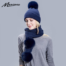 Warm Women's Winter Hats Scarves Knitted Scarf And Hat Set British style Wool Crochet Cap Raccoo Fox Fur Pompom Hat Scarf 2024 - buy cheap