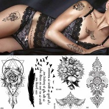 Tatuagem temporária de henna totem de renda preta, tatuagem feminina, corpo sexy, braço, apanhador de sonhos, adesivos de tatuagem, penas, pássaros falsos para meninas 2024 - compre barato