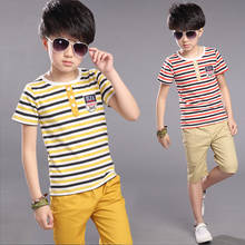 2021 New Summer Children Set Cotton Baby Boys Girls Short Sleeve Striped Polo T-shirt Shorts Set Kids Clothing Set 5 7 9 11 12 Y 2024 - buy cheap