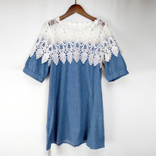 Plus Size 4XL Fashion Summer Denim Women Mini Dress O neck Pleated Half Sleeve Embroidery Crochet Lace Patchwork  Casual Vestido 2024 - buy cheap