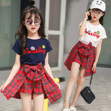 Clothing Sets for Children Casual Girls Sets Clothing Letter Print Tee Shirt + Bow Plaid Skirt Pants Summer Clothes for Girls 2024 - buy cheap