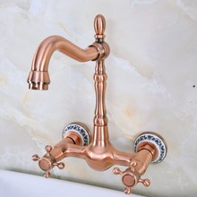 Antique Red Copper Brass Bathroom Kitchen Sink Faucet Mixer Tap Swivel Spout Wall Mounted Ceramic Base Dual Cross Handles mnf943 2024 - buy cheap