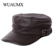 Wuaumx Brand Genuine Leather Military Hats For Men Women Flat Top Newsboy Cowskin Hat Winter Men's Cow Leather Baseball Caps 2024 - buy cheap