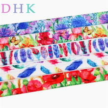 DHK 5/8'' Free shipping feather flowers printed Fold Elastic FOE headband headwear hairband DIY decoration OEM S729 2024 - buy cheap