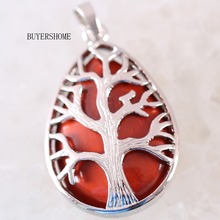 Silver Color Tree of life Water Drop Necklace Pendant Natural Gem Stone Red 1Pcs K439 2024 - buy cheap