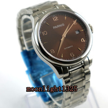 Parnis relógio masculino de 38mm, mostrador marrom com data e vidro de safira, joias 21 miyota 2024 - compre barato