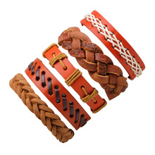 5pcs/set Boho Gypsy Hippie Punk Red Brown Leather Wax White Cord Rope Knots Layers Stacked Adjustable Bracelets Set for Man 2024 - buy cheap