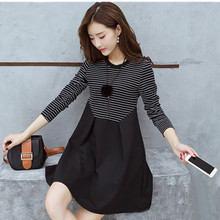 2019 autumn women's long sleeve o-neck basic one piece dress female patckwork stripe office lady slim dress 2024 - buy cheap