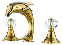 Free ship  PVD GOLD 3 Pcs WIDESPREAD LAVATORY BATHROOM SINK dolphin FAUCET mixer tap Crystal handles 2024 - buy cheap