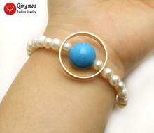 Qingmos Natural Pearl Bracelets for Women with 6-7mm Round White Pearl & 14mm Blue Turquoises Stone Bracelet Fine Jewelry 7.5'' 2024 - buy cheap
