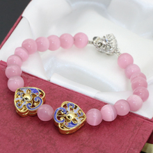 Free shipping Bohemia style bracelets heart cloisonne 8mm pink cat eyes round beads strand for girls clasp jewelry 7.5inch B2735 2024 - buy cheap