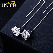 USTAR Long Drop Earrings for Women Silver Color Chain AAA Cubic Zirconia Cube Crystals Earrings female Fashion Jewelry brincos 2024 - buy cheap