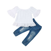 New Toddler Kids Baby Girls Off Shoulder Tops T-shirt Denim Long Pants Jeans Outfits Clothes 2024 - buy cheap