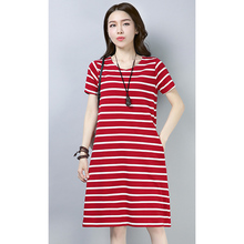 2019 new large size female summer loose striped short-sleeved dress in the long section A353 2024 - buy cheap