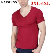 FAISIENS Large Size 5XL 6XL Modal Tee Shirt Homme V Neck Short Sleeve Solid Wine Red Gray Black Big Comfortable Men T Shirt 2024 - buy cheap