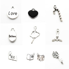 Newest 12pcs/lot Silver Alloy key English book Dangle Charms Lobster Clasp Hanging Charm fit Bracelet&Pendant Necklace 2024 - buy cheap